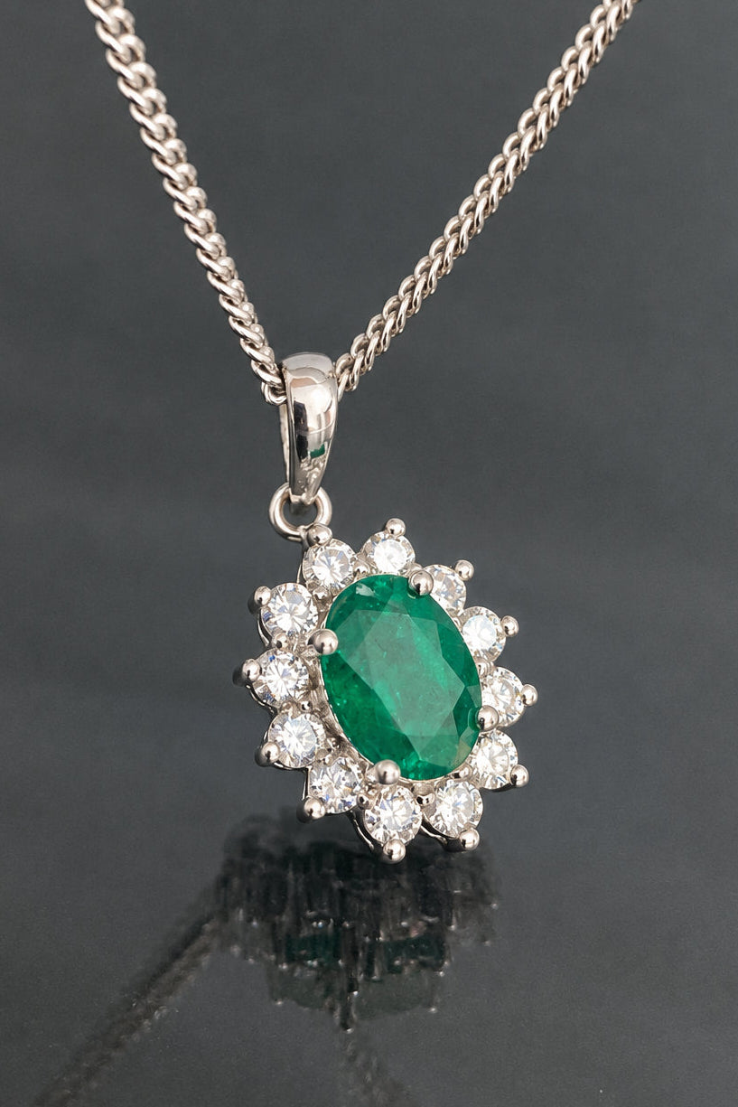 18K White Gold W/ Emerald & 0.28CT Diamond Cluster Pendant