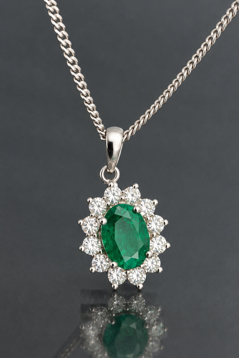 18K White Gold W/ Emerald & 0.28CT Diamond Cluster Pendant