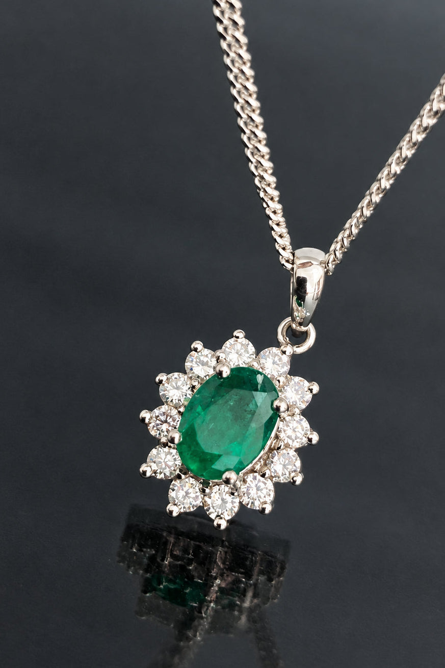 18K White Gold W/ Emerald & 0.28CT Diamond Cluster Pendant