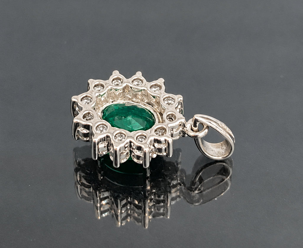 18K White Gold W/ Emerald & 0.28CT Diamond Cluster Pendant