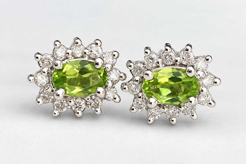 14K White Gold W/Peridot & Diamond Cluster Stud Earrings 10.0mm