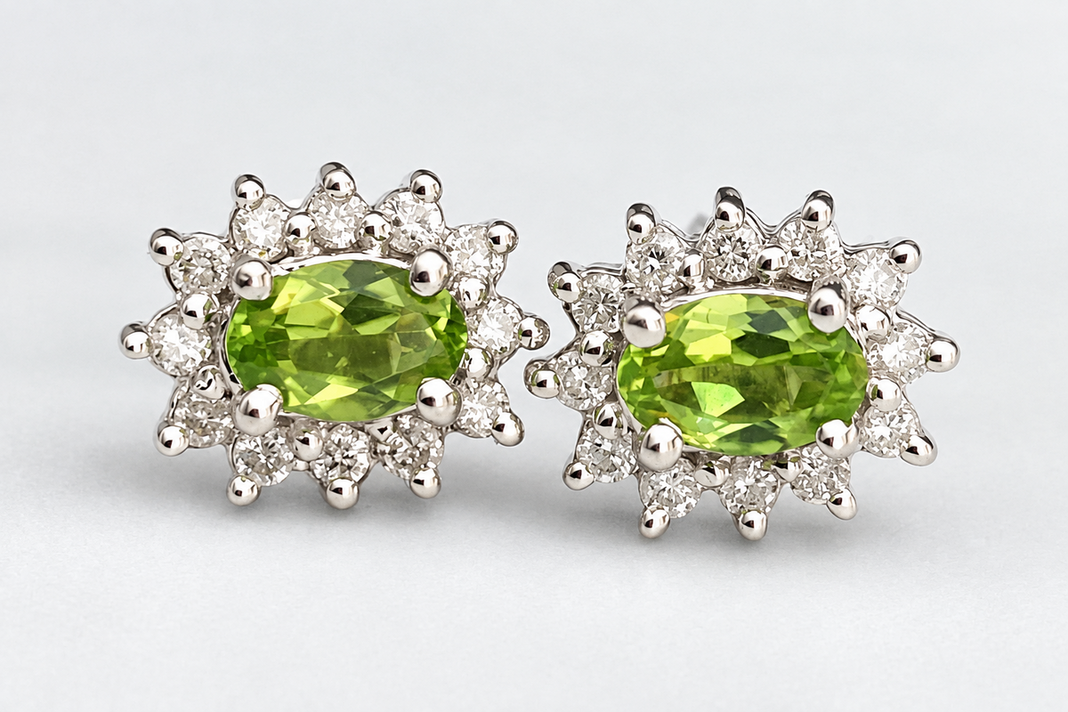 14K White Gold W/Peridot & Diamond Cluster Stud Earrings 10.0mm