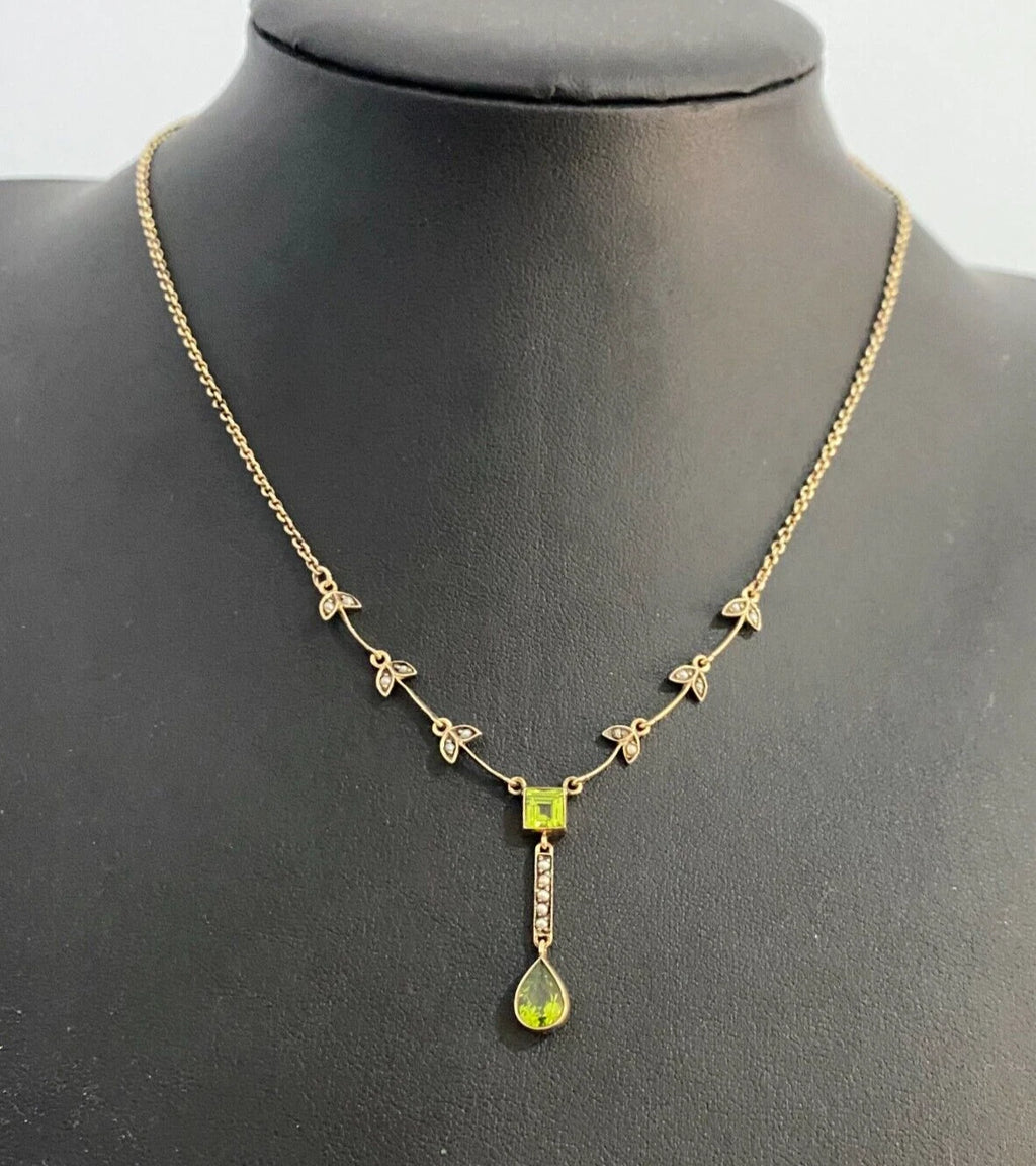 Edwardian 9K Yellow Gold W/ Peridot & Seed Pearl Drop Necklace 45cm Long