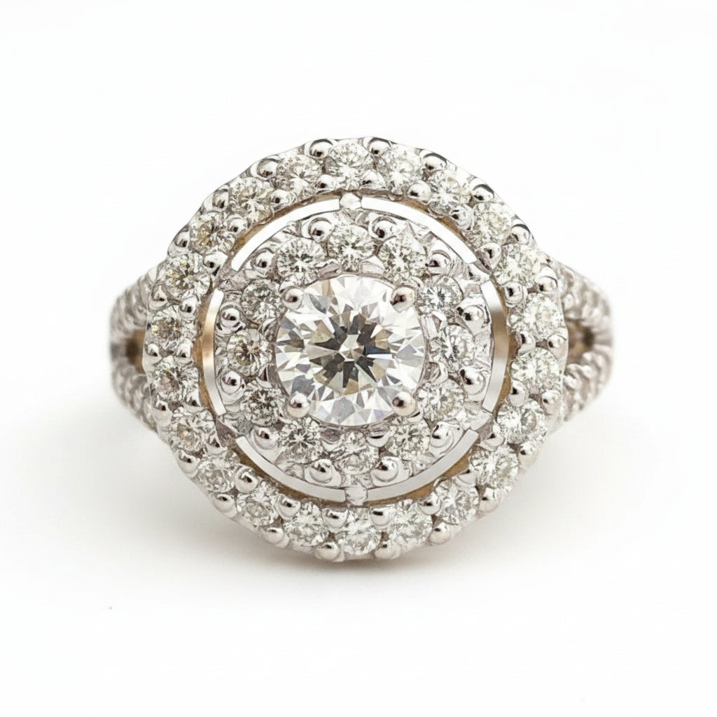 18K Yellow Gold 1.75CT Diamond Double Halo Statement Ring - Size O 1/2 (US 7.5)