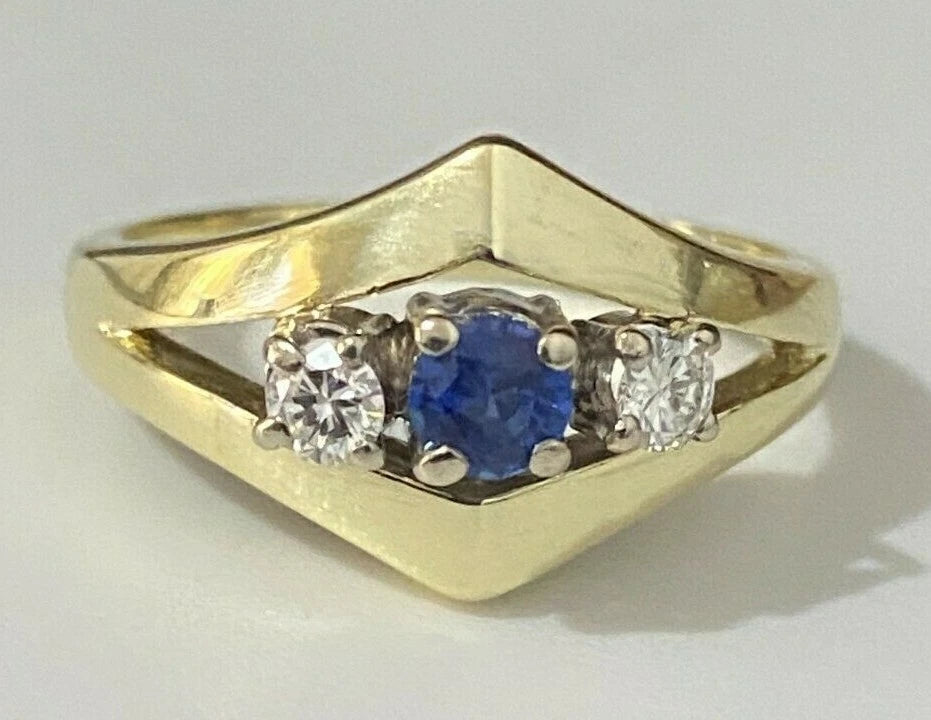 14K Yellow Gold W/ 0.20CT Diamond & Sapphire Ring Size N 1/2 - 6 3/4