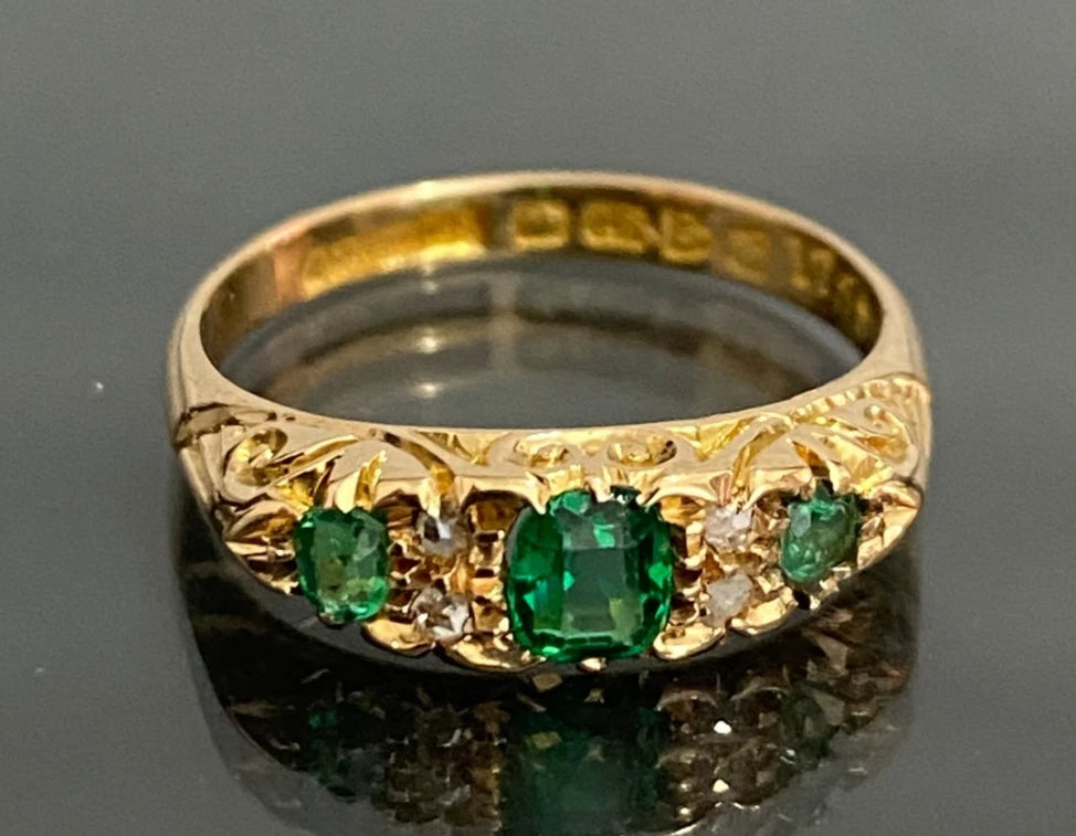 Edwardian 18K Yellow Gold W/ Green Garnet & Diamond Ring C1907 Size L 1/2 (US 6)