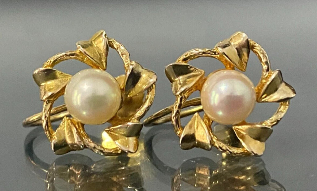 9K Yellow Gold & White Pearl Screw Back Earrings for Non-Pierced