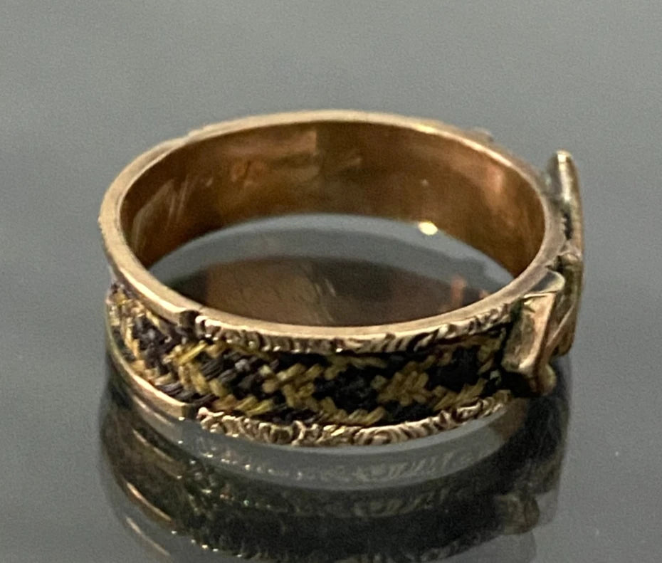 Victorian 9K gold Faith Hope & Charity Woven Hair 'JA' Initial Ring C1879