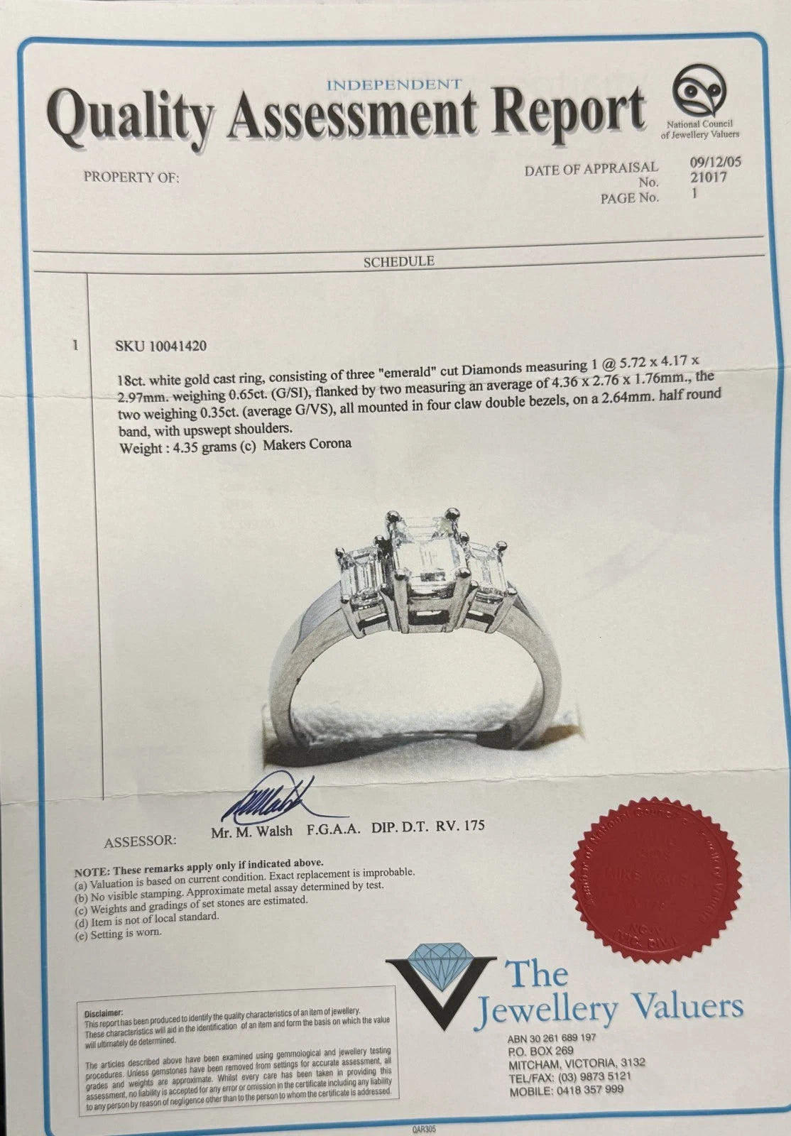 18K Gold & 1.0CT Emerald Diamond Engagement Ring /Certificate Size M - 6 1/4