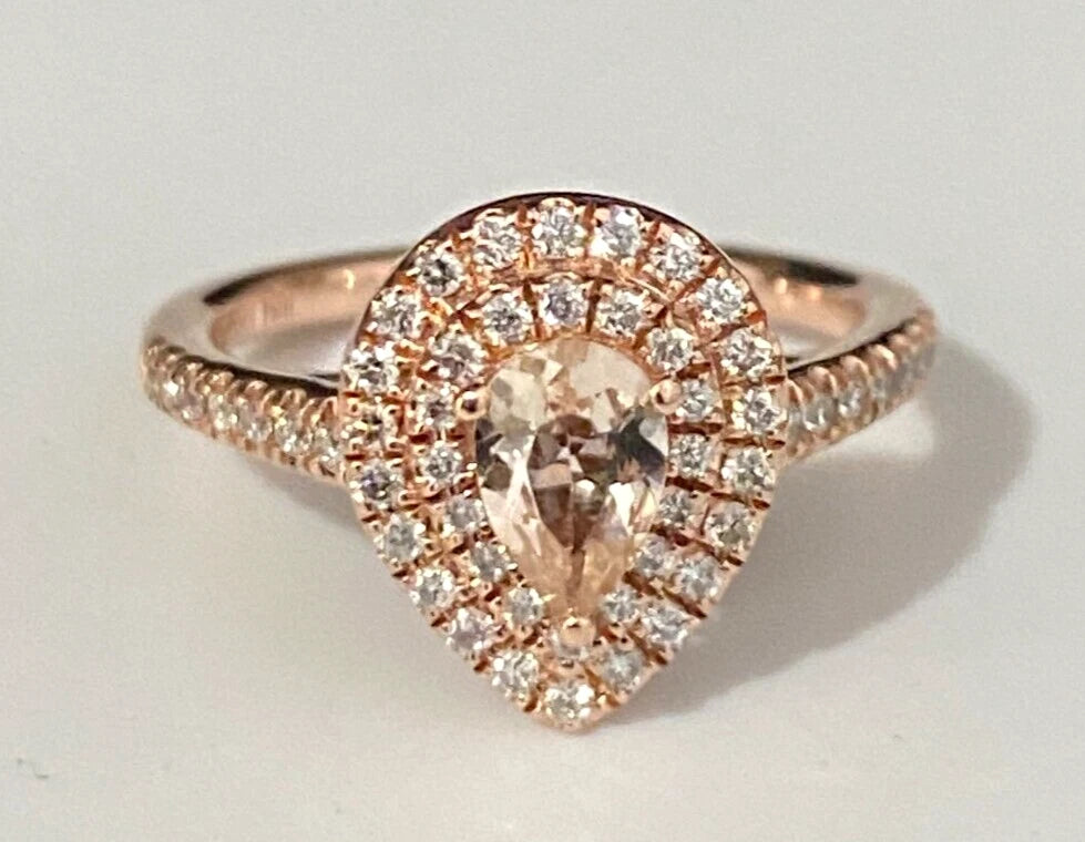 10K Rose Gold W/ Morganite & 0.25CT Diamond Halo Ring Size H 1/2 - 4