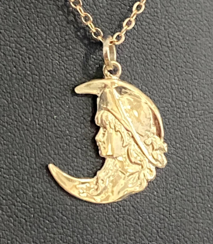 9ct Yellow Gold Lady Crescent Moon Charm / Pendant – 27mm