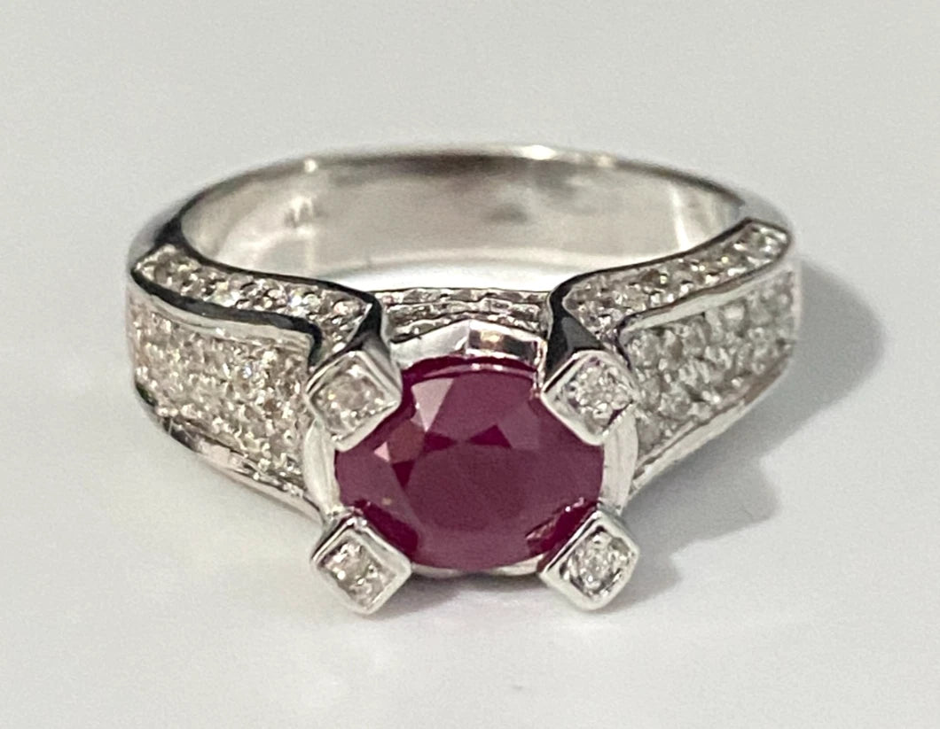 14K White Gold W/ Ruby & 0.70CT Diamond Ring Size P - 7 3/4