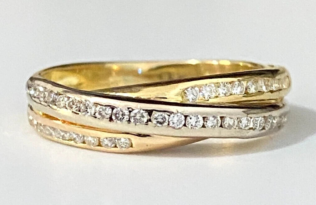 18K Yellow Gold & 0.40CT Diamond Crossover Band Ring Size M 1/2 - 6 1/4
