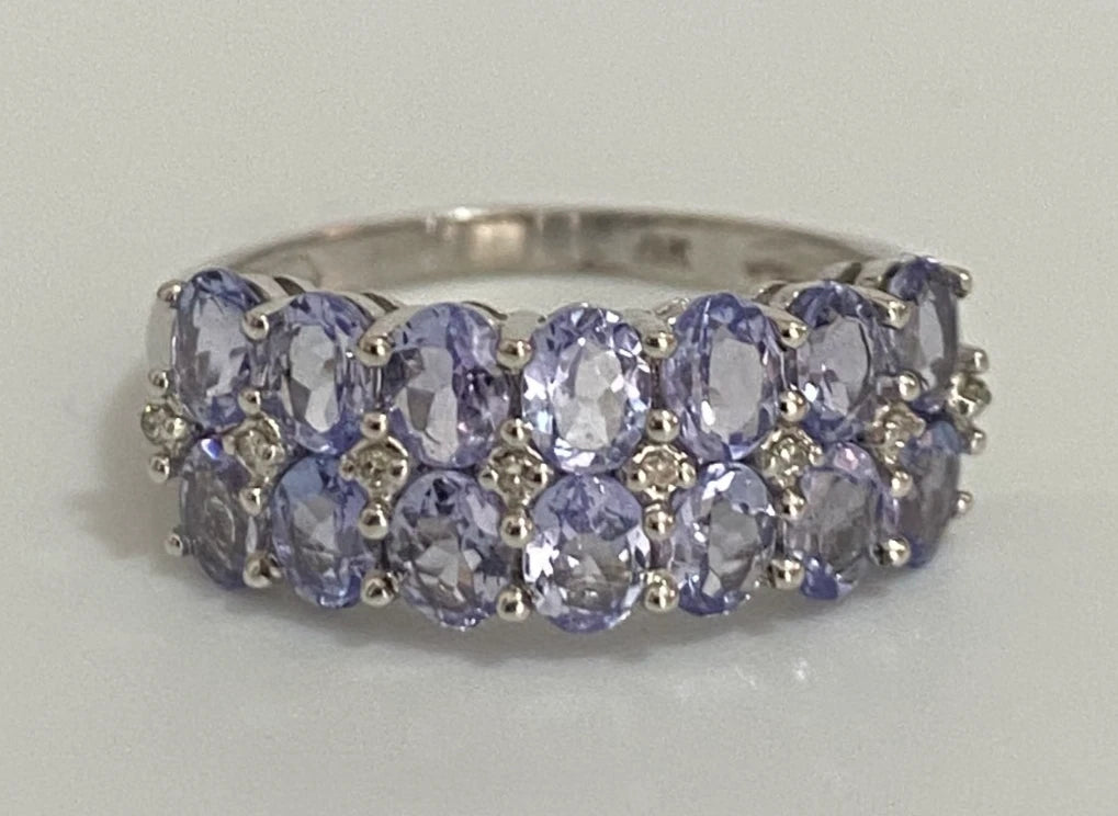 9K White Gold Tanzanite & Diamond Double Row Ring Size O (US 7.25)