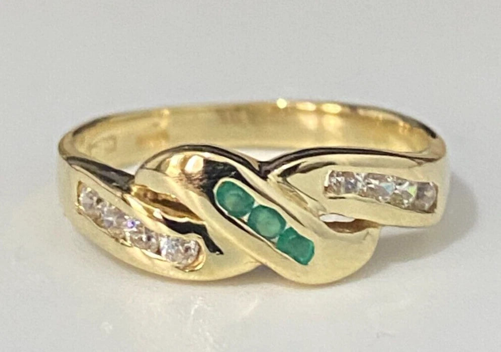 Italian 18K Yellow Gold W/ Chrysoprase & Cubic Zirconia Size L 1/2 - 5 7/8