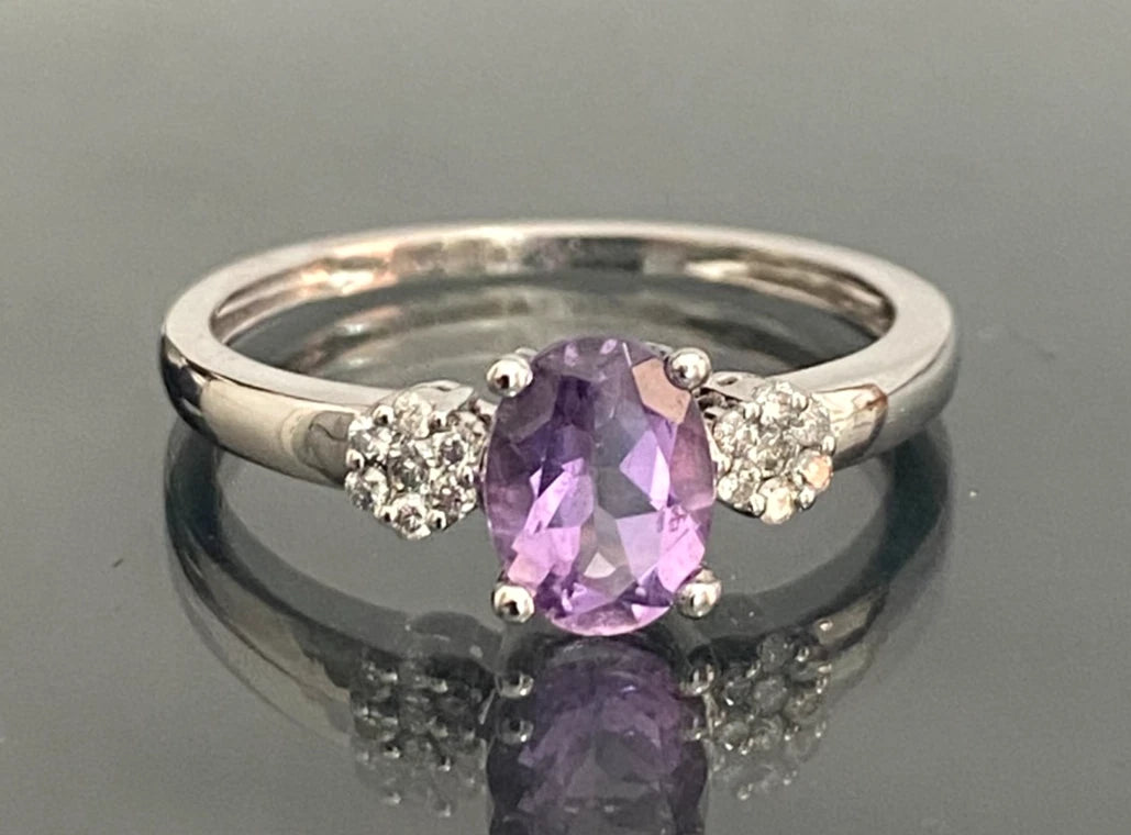 9K White Gold Amethyst & Diamond Floral Shoulder Ring Size U (US 10.5)
