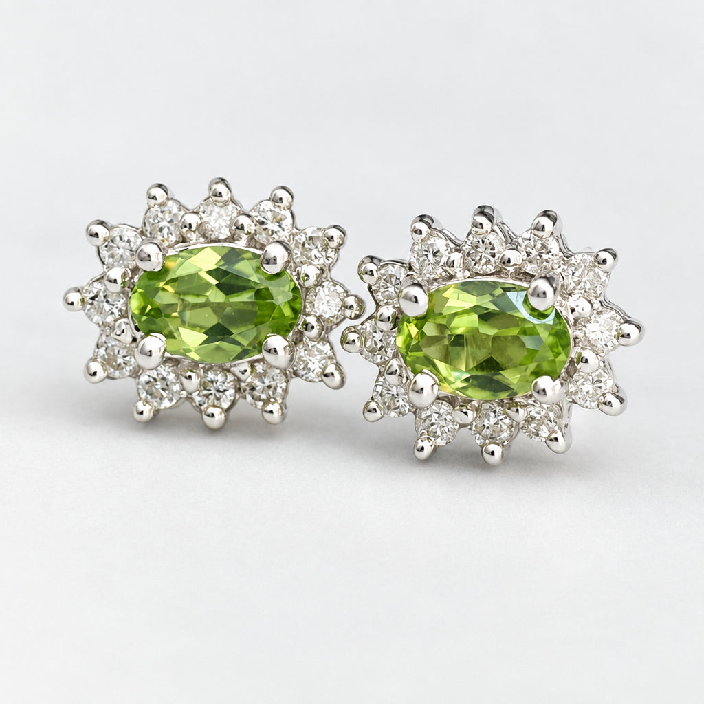 14K White Gold W/Peridot & Diamond Cluster Stud Earrings 10.0mm