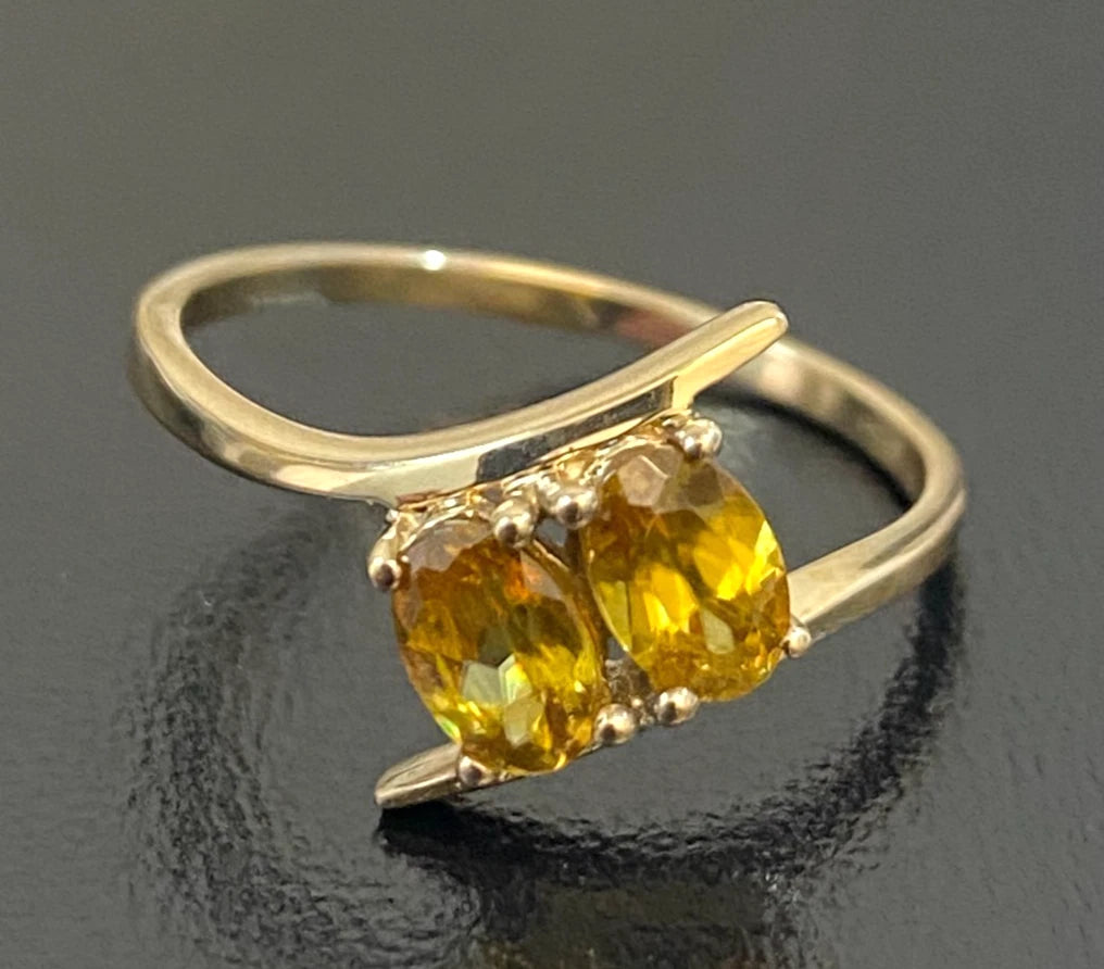 10ct Yellow Gold Two Stone Yellow Sphene Bypass Ring Size P (US 7 3/4)
