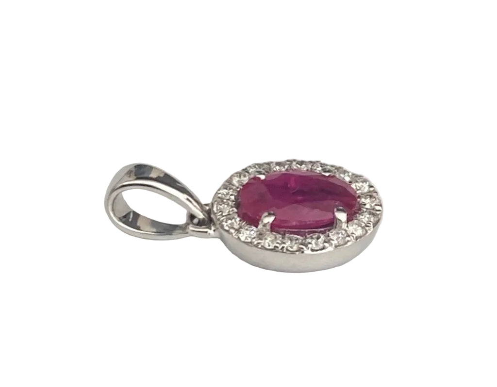 18K White Gold W/ Ruby & Diamond Halo Pendant