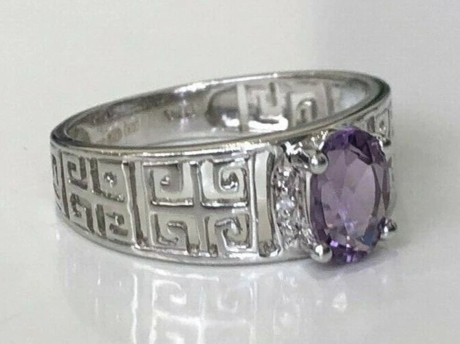 9K White Gold W/ Amethyst & Diamond Greek Key Ring Size L 1/4 - 5 3/4