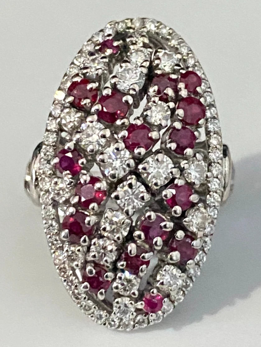 18K White Gold W/ Ruby & 1.0CT Diamond Cocktail Ring Size I - 4 1/2