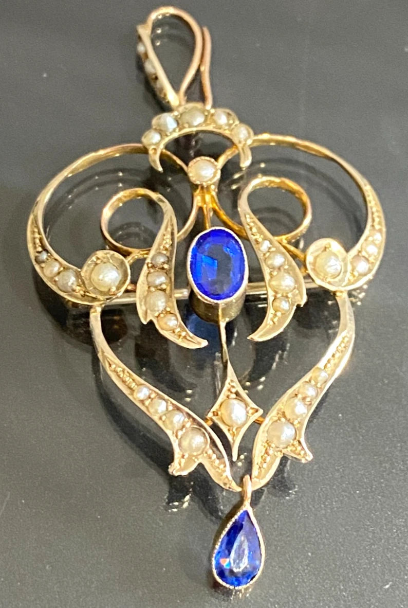Antique 9ct Yellow Gold Garnet & Seed Pearl Drop Pendant Brooch – 54mm High