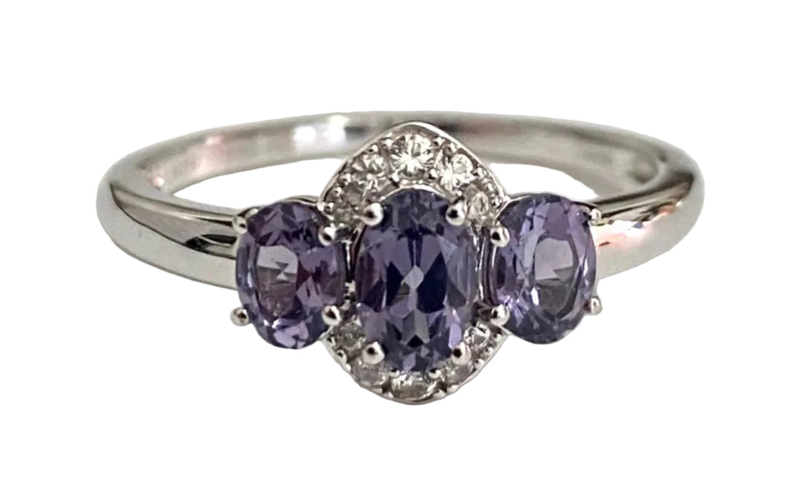 10K White Gold W/ Spinel & Natural Zircon Three Stone Ring - Size R (US 8.75)