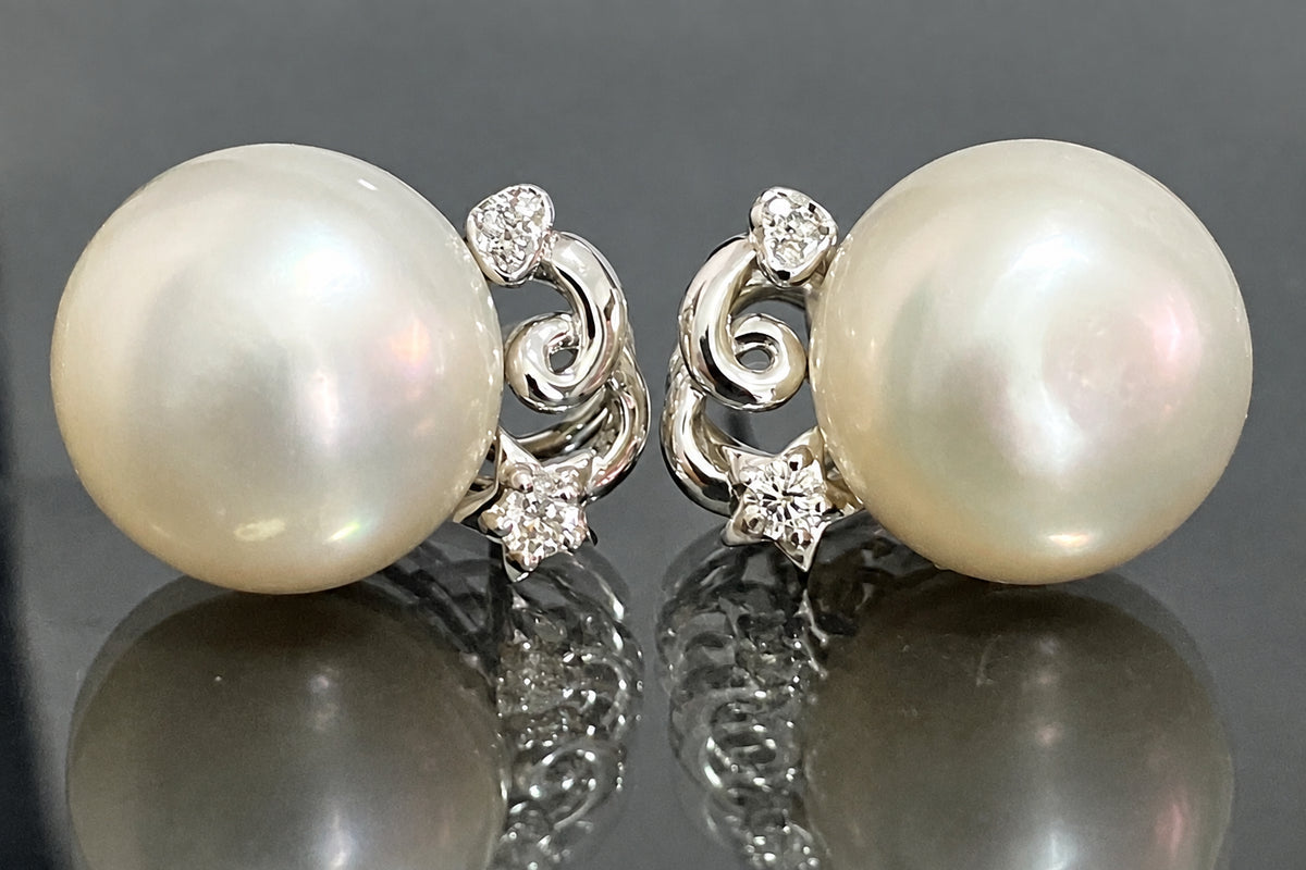 18K White Gold South Sea Pearl & Diamond Clip-on Earrings
