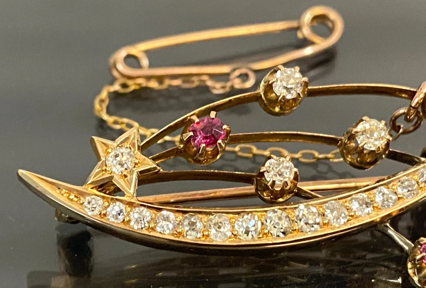 Victorian 15K Yellow Gold Ruby Diamond Crescent Moon Star Comet Brooch 41mm