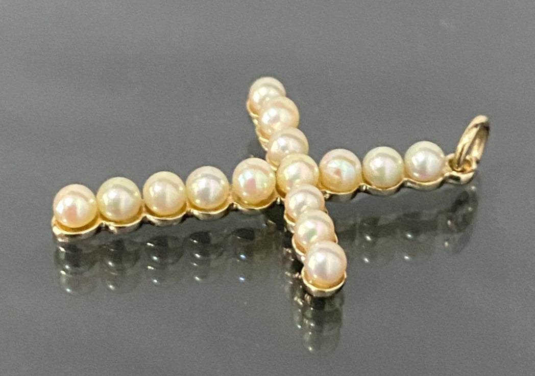 9K Yellow Gold and Pearl Cross Pendant 28.0mm High