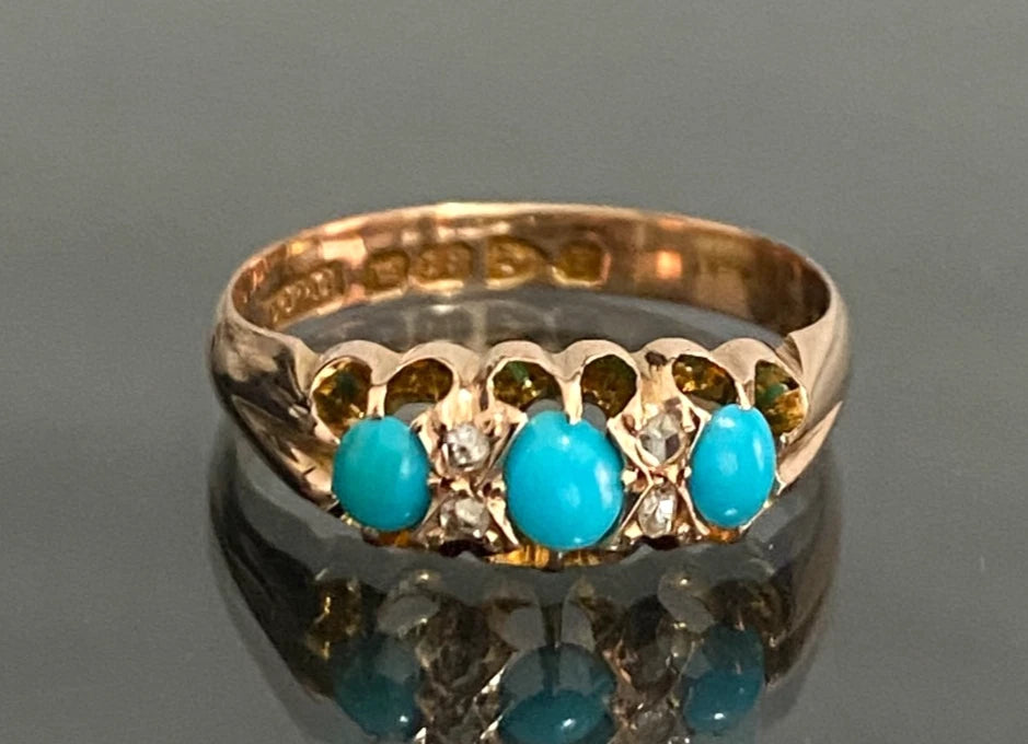 Antique 18K Rose Gold W/ Turquoise & Diamond Ring C1898 Size N (US 6.75)