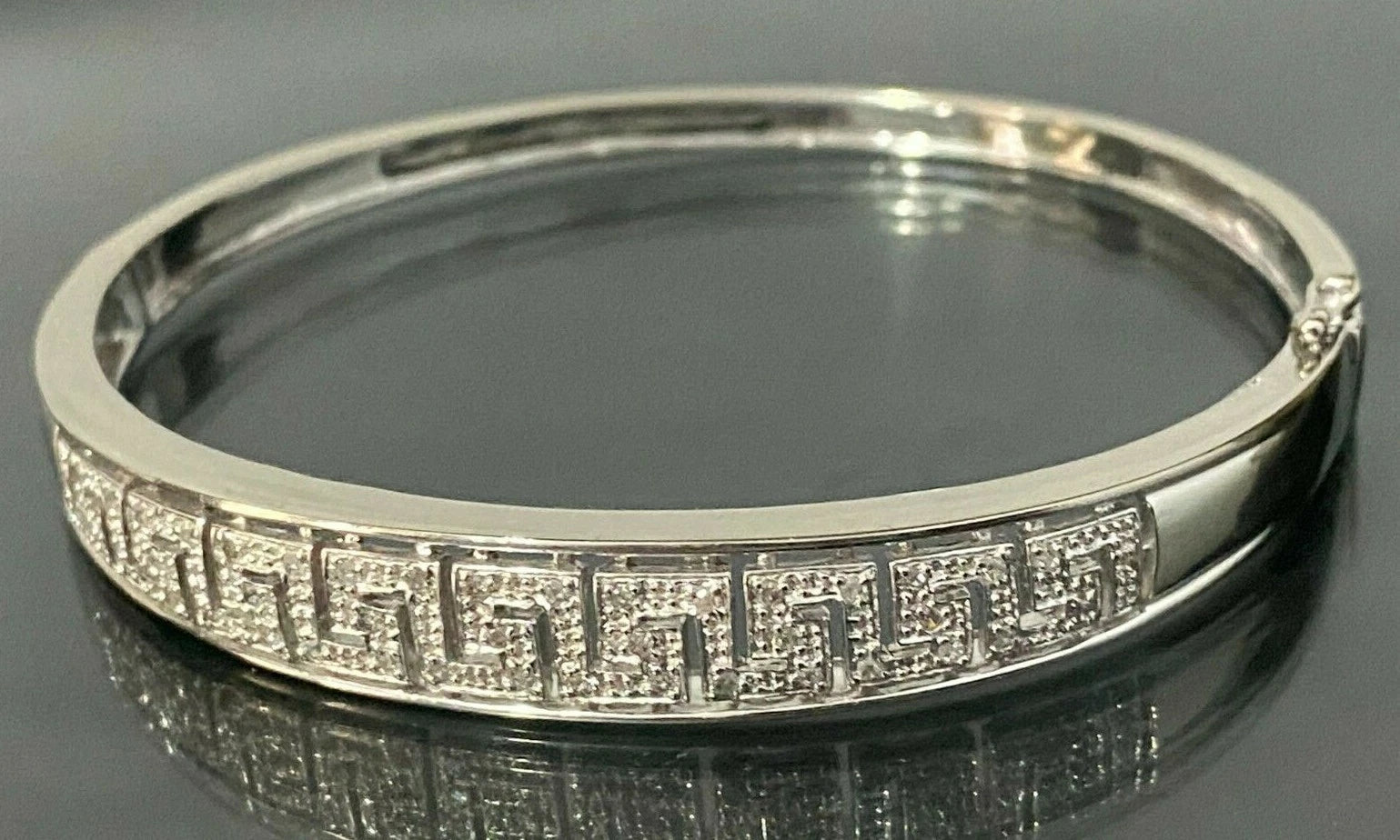 9K White Gold & 0.25CT Diamond Greek Key Hinged Bangle 60mm