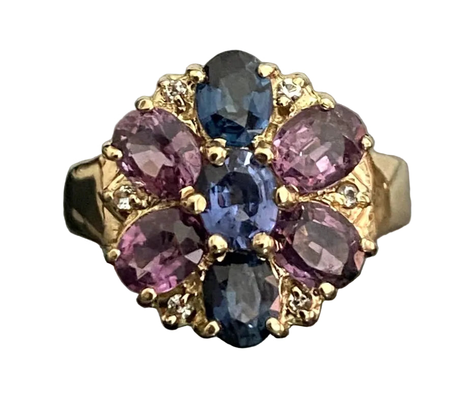 9K Yellow Gold W/Pink & Blue Spinel Gemstone Cluster Ring Size K (US 5.25)