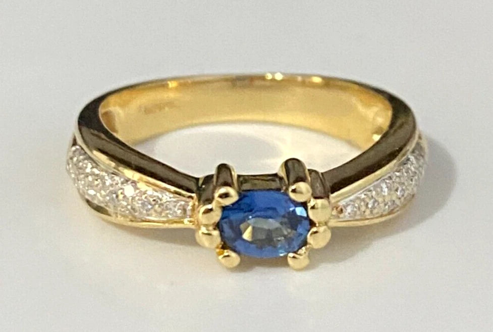18K Yellow Gold W/ Sapphire & Diamond Ring Size N 1/2 - 6 3/4