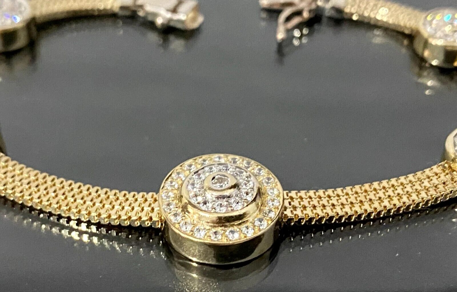 14K Yellow Gold & Cubic Zirconia Mesh Bracelet 18.5cm Long