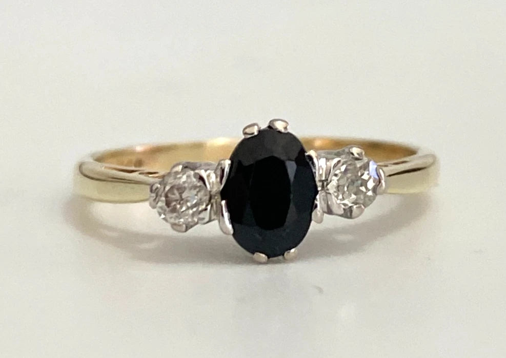 Vintage 9K Yellow Gold Sapphire & Diamond Cluster Ring - Size M (US 6.25)