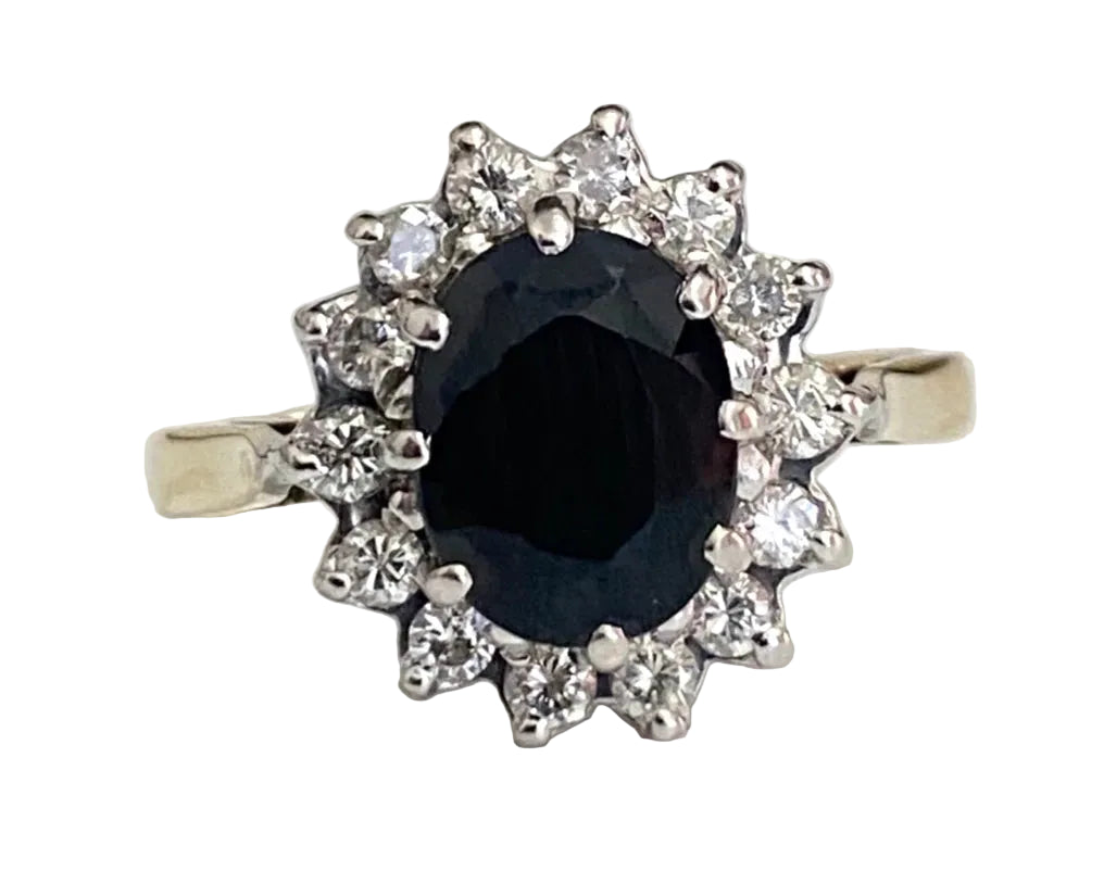 9K Yellow Gold W/ Sapphire & Diamond Cluster Ring Size P (US 7.75)