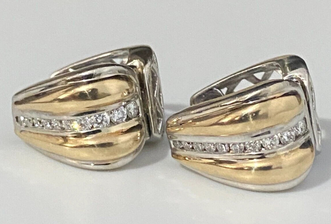 14K Two Color Gold & 0.25CT Diamond Huggies Earrings 8.60g