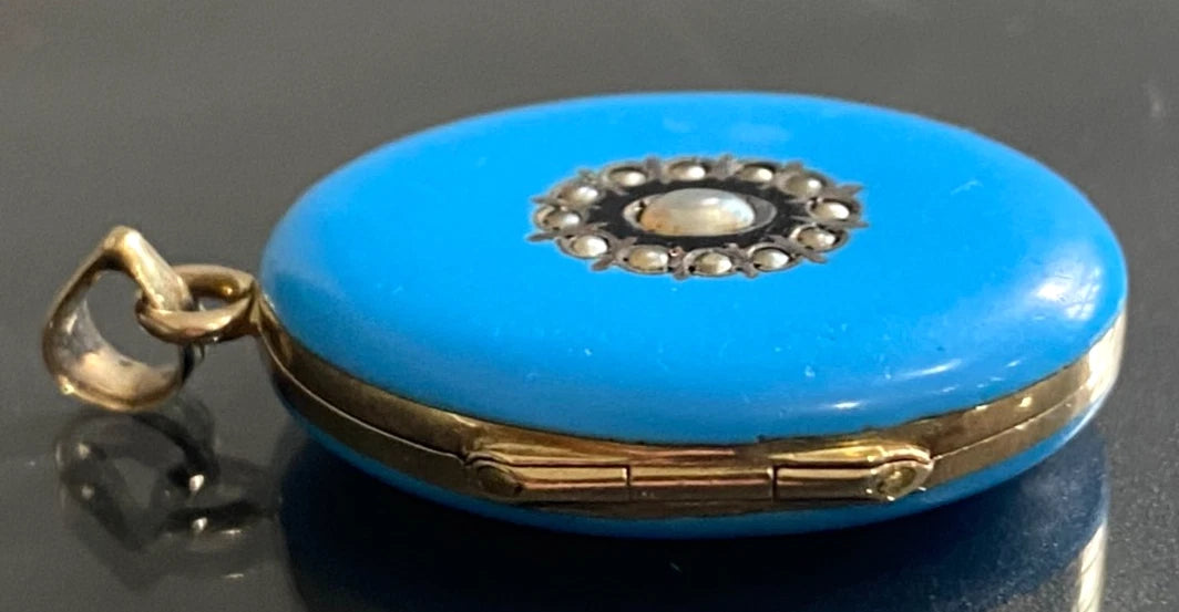 Victorian 9K Yellow Gold Pearl & Blue Enamel Photo Locket Pendant 32mm High