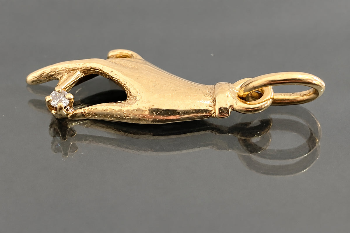 14K Solid Yellow Gold Diamond Figural Hand Pendant / Charm