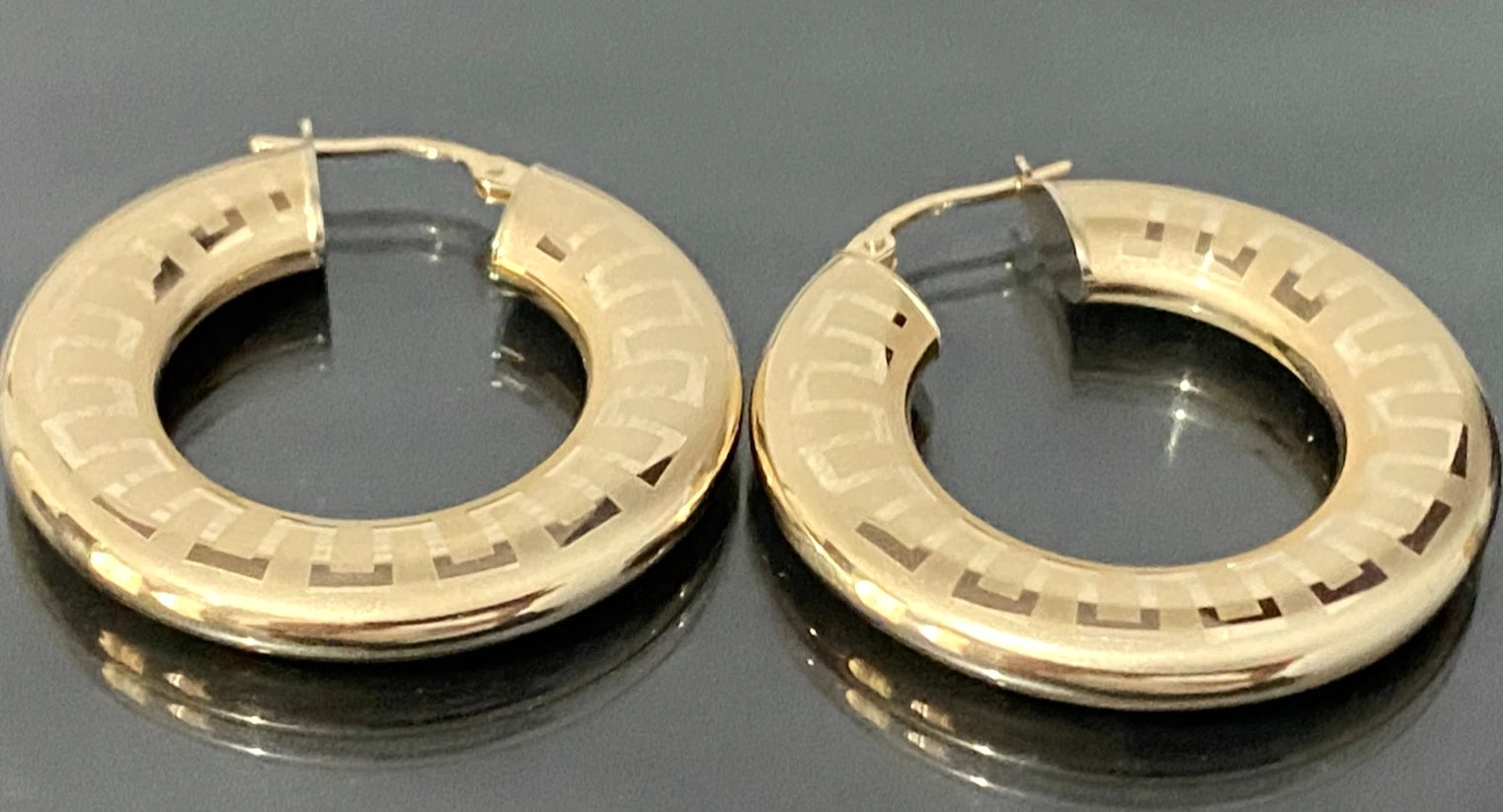Italian 9K Yellow Gold Greek Key Pattern Hoop Earrings 33.50MM