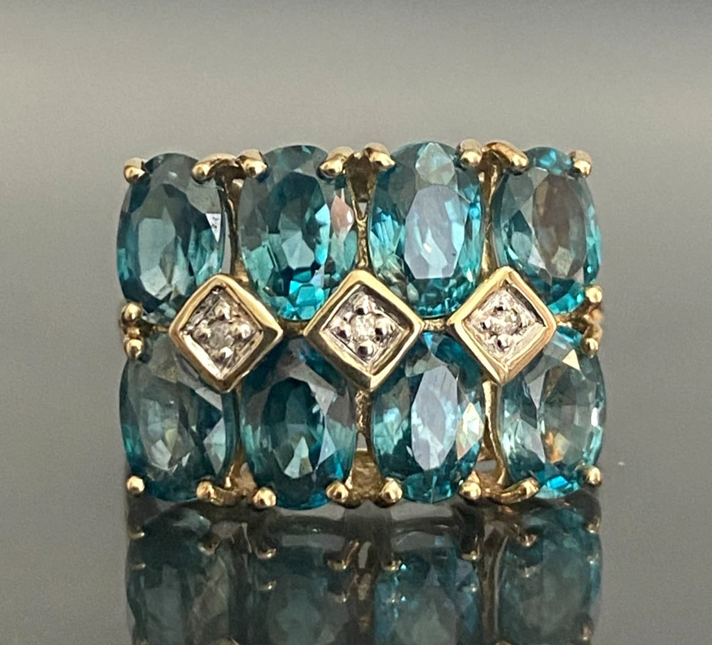 9K Yellow Gold Natural Blue Zircon & Diamond Statement Ring Size L (US 5.75)
