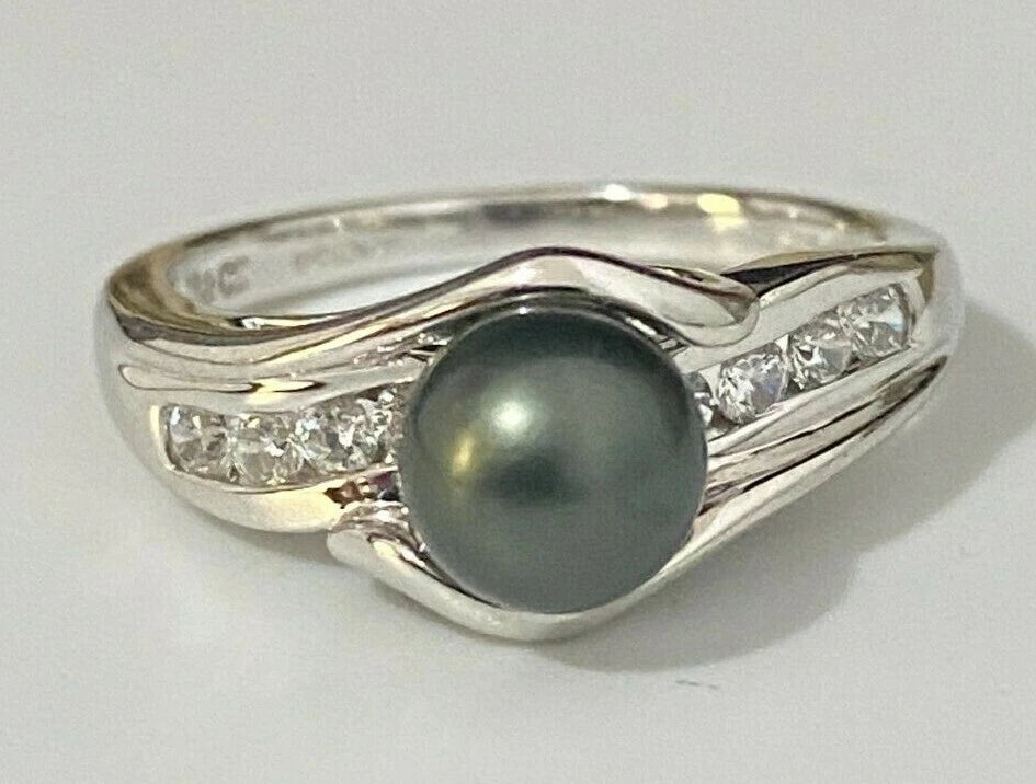 14K White Gold W/ Black Pearl & CZ Stones Ring Size O 1/2 - 7 1/4