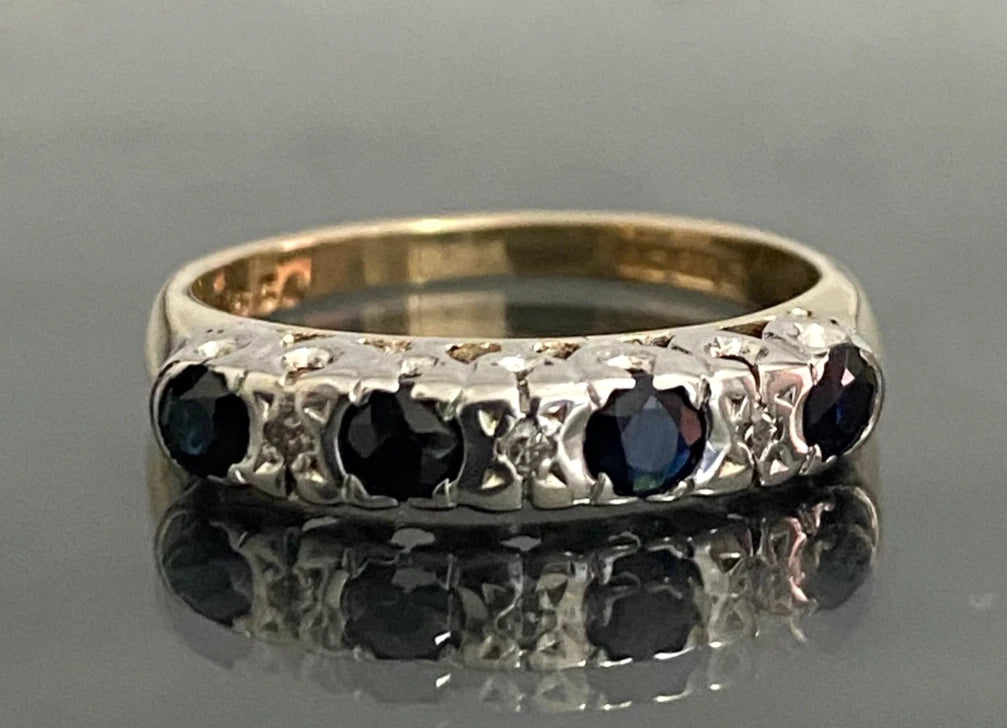 Vintage 1978 9ct Gold Sapphire & Diamond Ring Size N (US 6.75)