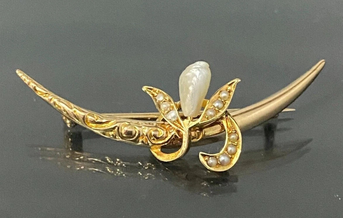 Antique 14K Yellow Gold & Pearl Flower Crescent Brooch Pin