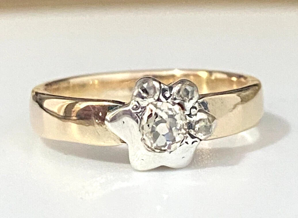 Victorian 14K Yellow Gold & Old Cut Diamond Ring Size N - 6 1/2