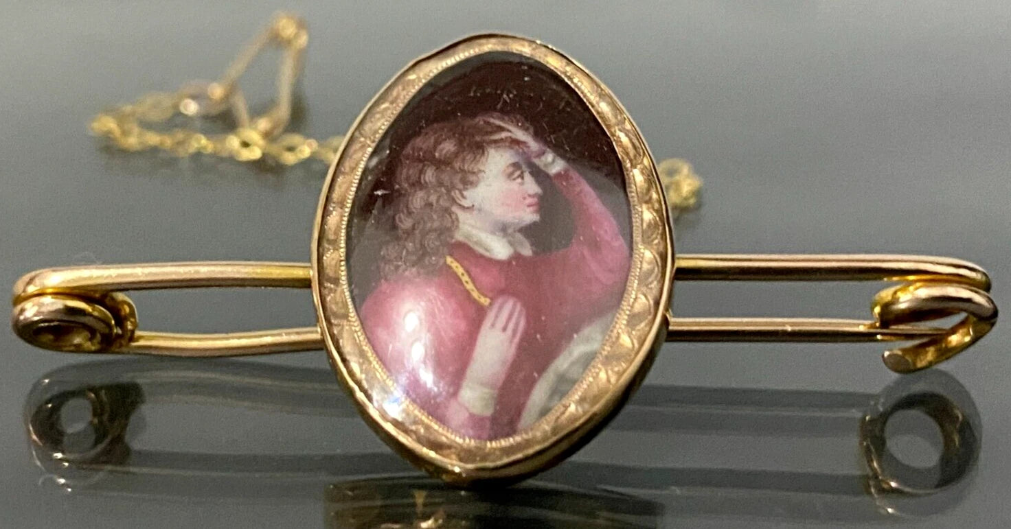 Art Nouveau 9K Yellow Gold Painted Miniature Brooch