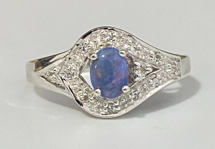 9K White Gold W/ Opal & White Zircon Ring Size N - 6 1/2