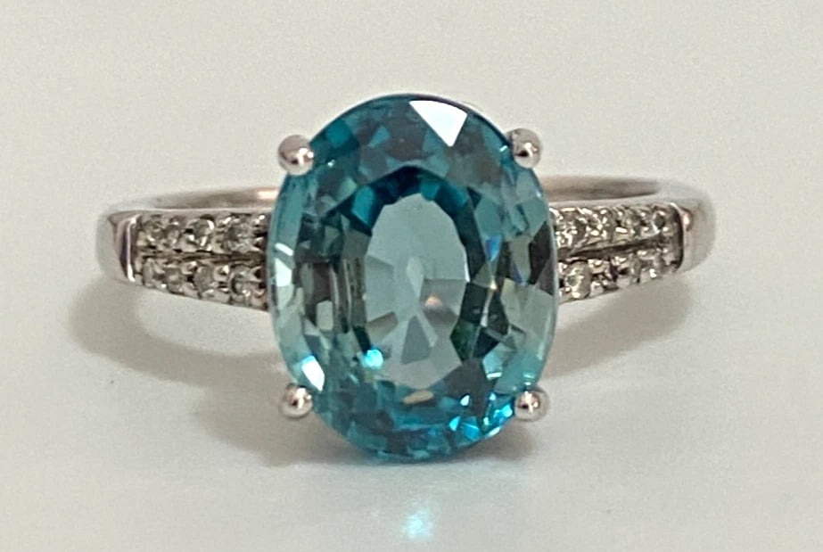 9K White Gold Natural Blue Zircon & Diamond Ring Size L 1/2 (US 6)
