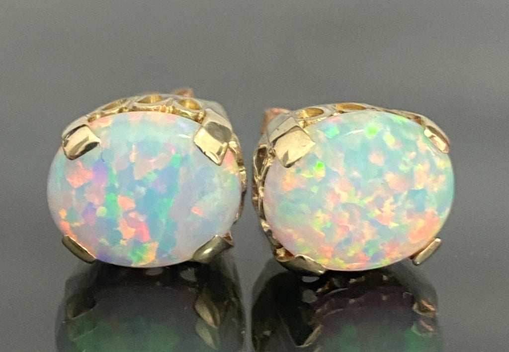 9K Yellow Gold Large Synthetic Opal Stone Set Stud Earrings